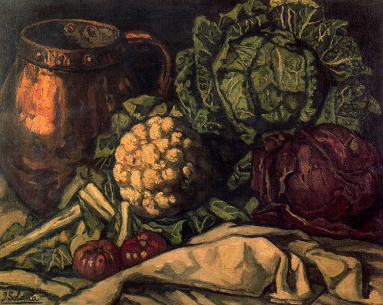 Still life with Red Cabbage, Copper, Cauliflower and Cabbag jose guttierez